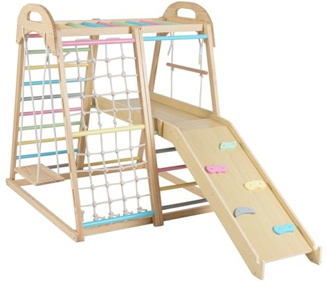 GOPLUS 8 en 1 Escalade Enfants Montessori, Triangle Escalade avec Balançoire, Barres de Singe,Corde,Plateforme, Échelle d'escalade et Filet, Structure Jeux Intérieur pour 3-5 Ans (Multicolore,Pont)
