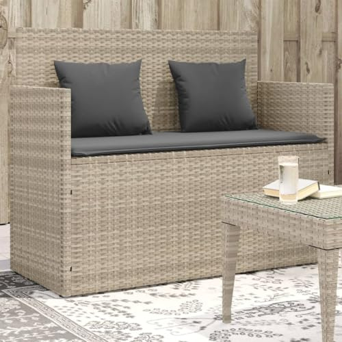 Teenpull Gartenbank mit Stauraum, Hellgrau Poly Rattan, 120 cm breit, wetterfest, für Garten, Terrasse, Balkon, inklusive Kissen, pflegeleicht