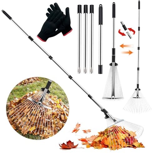 JOYBOY Rastrello Giardino 18 Denti Metallo, Testa Espandibile 20-40cm | Manico 213cm — Scopa per Foglie, per Cortile, Prato, Arbusti e Aiuole, Attrezzo Professionale Regolabile