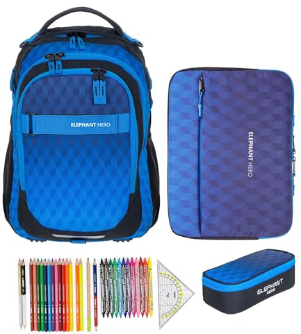 Elephant Schulrucksack Hero 4 Teile Set 12868 Cube Dark Blue +rmlv | Schulrucksackset Rucksack Schulmappe Laptopsleeve Mäppchen Box 31 Teile Stifte