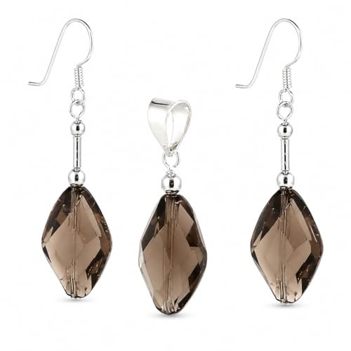 Budawi® Rauchquarz Schmuck-Set | facettierter Edelstein Anhänger & Ohrringe | 925 Sterling Silber | mit Lederband