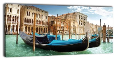 wandmotiv24 Leinwandbild Panorama Nr. 243 Gondeln 100x40cm, Bild auf Leinwand, Venedig Italien Kanal