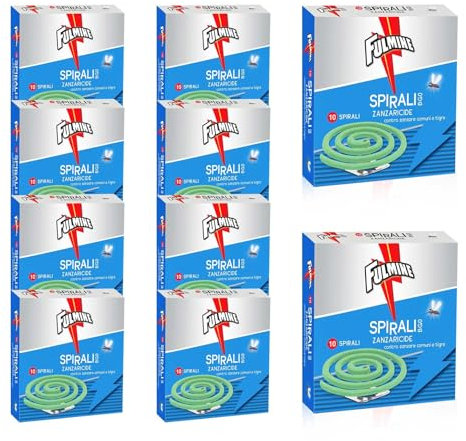 FULMINE Spirali Antizanzare,Confezione da 100 Spirali,Efficaci fino a 6 Ore,MADE IN ITALY Contro Zanzare Comuni e Tigre,Adatto per il Giardino Esterno, il Balcone e la Terrazza