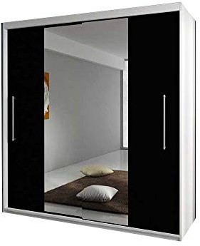 Armoire coulissante Nico 203 cm – 2 Portes avec Miroir et Tringle – penderie Moderne avec Grand Espace de Rangement pour Chambre ou entrée (Blanc + Noir)