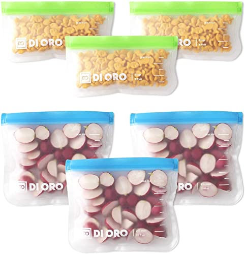DI ORO® - Sacchetti per alimenti riutilizzabili - Silicone LFGB e senza BPA - Sacchetti riutilizzabili congelatore spessi, impermeabili e lavabili - Sistema di chiusura ziploc riutilizzabile e facile