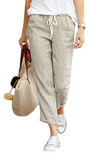 Onsoyours Pantalon Carreaux Femme Pantalon Carotte Ample Pantacourt Pants Taille Haute Casual avec Nœud Et Cordon C Abricot XX-Large