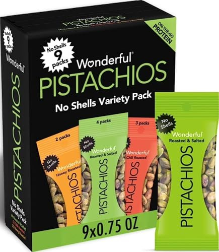 Wonderful Pistachios No Shells, 3 Flavors Mixed Variety Pack of 9 (0.75 Ounce), Roasted & Salted Nuts (4), Chili (3), Honey (2), Protein Snacks, Gluten Free, Healthy Snacks Variety Pack for Adults