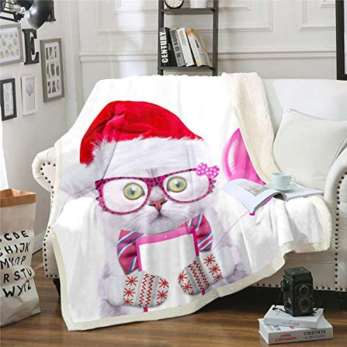 Tbrand Katze Kuscheldecke Weihnachten Niedlich Kitten Drucken Wohndecke für Jugendliche 3D Schön Pet Tier Theme Decke 150x200cm Atmungsaktiv Weiß Rosa
