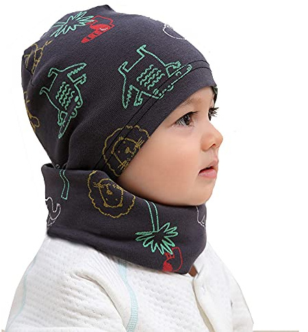 Uniyoung Baby Boys Girls Cotton Beanie Hat and Collar Scarf Set Kids Toddler Warm Skull Cap Scarves Neck Warmer for Spring Autumn Winter (Lions, 6-24 Months)