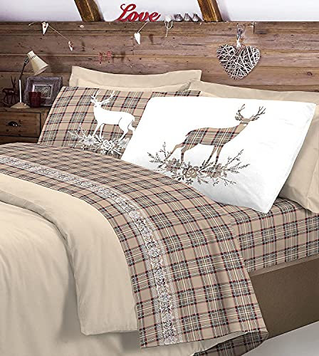 PELLECCHIA 1969 |Set Lenzuola Letto Fantasia Natalizia Tirolese Cervo |100% Cotone Made in Italy | Lenzuolo sopra + sotto con Angoli + Federa/e con Stampa su due i Lati | (Beige, Matrimoniale)