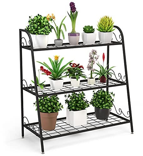 COSTWAY Scaffale Piante da Interno ed Esterno, Porta Fiori di Metallo a 3 Livelli con Piedini Regolabili, Porta Vasi per Giardino, Balcone e Soggiorno, 81 x 35 x 82 cm