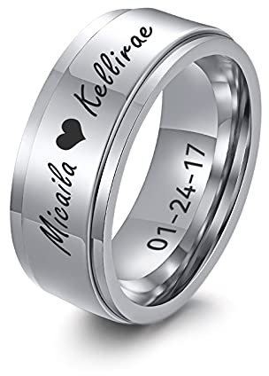 FLHEART Personalisierter Spinner Ring, Fedget Band Ring, Edelstahl Minimalist Band Stil benutzerdefinierte Name Ring Versprechen Verlobung Ehering für Herren, Silber, 8mm, Größe 59 (18.8)