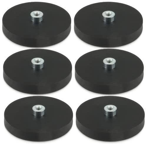 MVT GmbH Neodym Magnete Gummiert 43mm 15KG Stark Gummi Magnet Scheibe mit M4 Innengewinde Bohrung Für Schrauben Haken Öse (6 Stück)