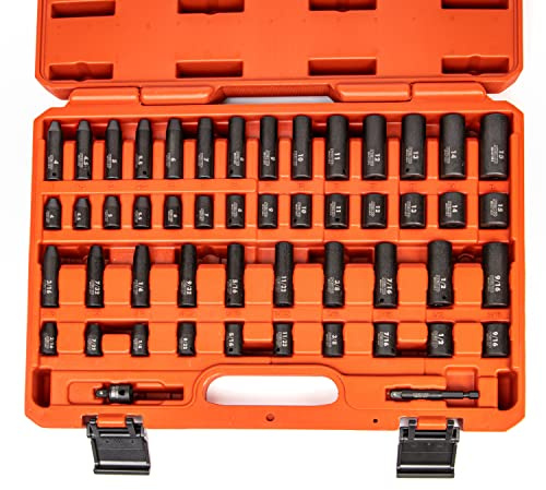 NEIKO 02436A 1/4-Zoll-Antrieb-Schlag-Steckschlüssel-Set, 50-teilig, metrisch und Standard, Chrom-Vanadium-Stahl, 0,95 cm auf 1/4 Zoll, Reduzierstück, Sechskantschaft, Adapter, 1/4 Steckschlüsselsatz