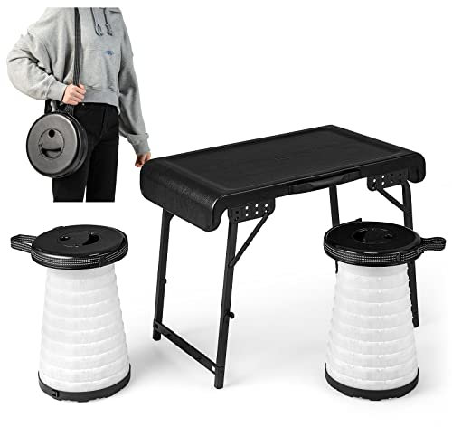 COSTWAY Set Tavolo da Campeggio con 2 Sgabelli LED Pieghevole, Set Tavolino Richiudibile in Valigetta Portatili, con Maniglia, Leggero, per Giardino Picnic BBQ