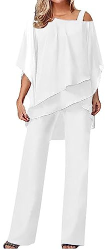 Sawmew Damen Tüll Abendanzug Sets Zweiteiler Chiffon Shirt und Hohe Taille Hosenanzug Elegant Vintage 2-Teiliges Set Outfit Cocktail Party Festlich Hosenanzug (Color : White, Size : L)