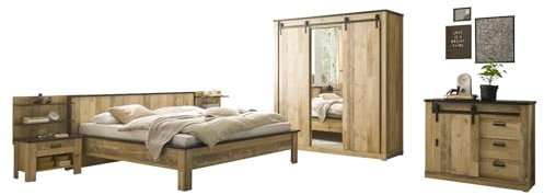 Furn.Design Schlafzimmer Set in Used Wood hell und grau/anthrazit mit Bett 180cm, Kleiderschrank, 2X Nachttisch, 2X Wandpaneel und Kommode Schlafzimmermöbel komplett 7-teilig Stove (Set 3)