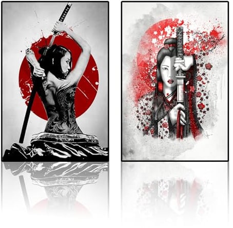 VTRXEG Japanische Samurai Bilder,Japanische Frau Samurai Portrait Poster, Für Wohnzimmer Schlafzimmer Dekorative Poster Ungerahmt (B,2x60x90cm)