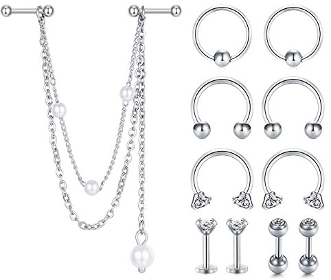 AceFun 11 Stück Knorpel Ohrstecker Chirurgenstahl Helix Piercing Labret Flache Kugel Zurück Daith Ohrringe Doppelknorpel Ohrringe mit Kette Dangle für Damen Herren