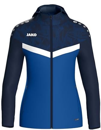 JAKO ICONIC Kapuzenjacke Gr. 34 Royal/Marine - Zipper Hoodie Damen, Bequeme Sweatjacke mit Keep Dry Funktion aus 100% recyceltem Polyester
