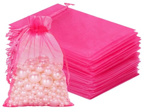 jijAcraft Bolsas de Organza Grandes Bolsas de Organza de Color Rosa Fuerte para Bodas 13 * 18 CM, Paquete de 50 con cordón, Bolsas de joyería para Regalo de Dulces, Bolsas de Regalo para Bodas