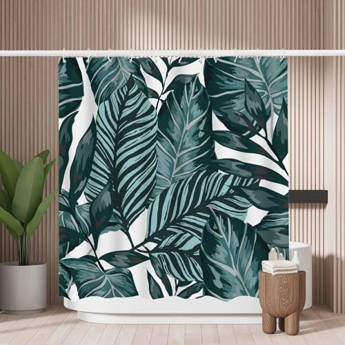 Woutay Shower Curtain Mould Proof Resistant Watercolor Tropical Palm Leaves,Water Repellant Fabric,Polyester,Size 180x180CM