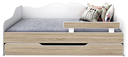 BDW - Kinderbett - Jugendbett - Doppelbett - mit Lattenrost, Matratzen, Schublade, Rausfallschutz - Ausziehbar - Schlafsofa, Gästebett, Klappbar - Kinderzimmer - 160x80cm - Eiche Sonoma