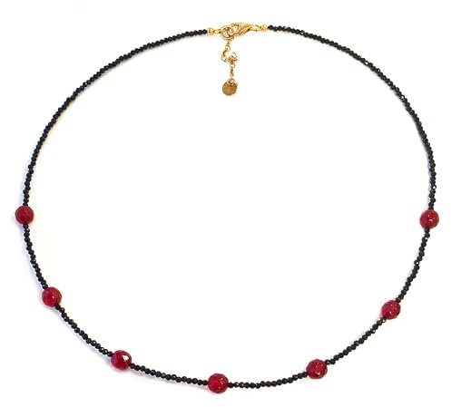 Schwarzes Spinell Collier/Kette tiefschwarz Ø 2 mm, Edler Roter Karibischer Bernstein, vergoldeter 925 Sterling Silber Karabinerverschluss, Länge 43+4 cm