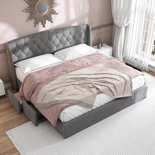 AMDXD Samt Polsterbett, Schubladen aus stabilem Drahtgeflecht, Doppelbett mit Lattenrost und 4 Bettschubkästen, 180 x 200 cm, Grau