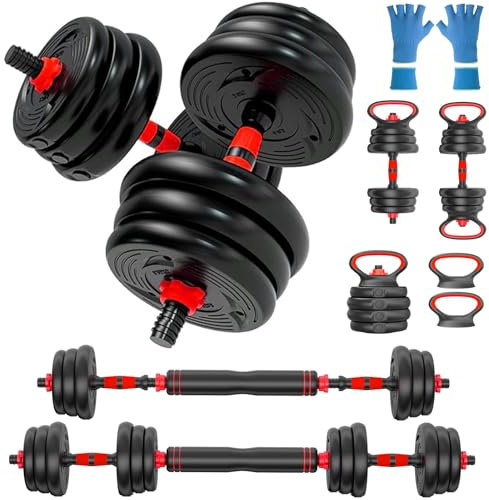 CANMALCHI 4 in 1 Adjustable Dumbbells Set with Connector 20kg Weights Dumbbells Set Free Weight Dumbbell for Men Women Pair Equipment for Home Gym Dumbbell Barbell (20KG Kettlebell)