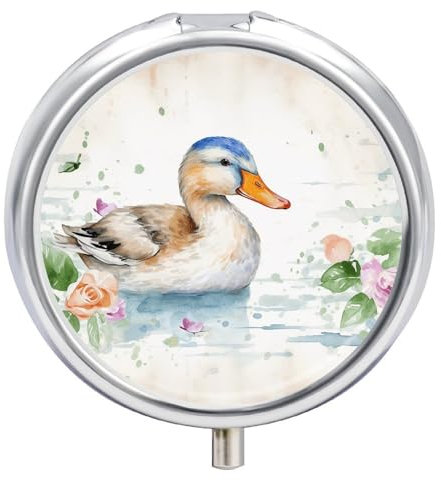 Runde Pillendose, Aquarell-Enten-Druck, 3 Fächer, Medikamentendose, bedruckter Pillen-Organizer, dekorativer Metall-Pillendose, tragbare Pillendose