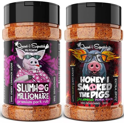 BBQ Rub TWIN PACK by Quasi & Squatch - SlumHog Millionaire & Honey I Smoked The Pigs 'Jalapeño Edition' (Pork Rubs) X2 | BBQ Seasoning - Two Large Bottles for Barbecue = 440g