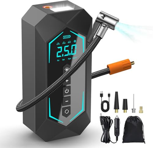 6000mAh Compressore Aria Portatile,Gonfiatore Elettrico 150PSI con Batteria Ricaricabile, Schermo LCD Digitale, Pompa per Bicicletta, Auto, Moto, monopattino, Palloni…