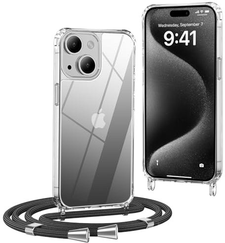OLEPHY Funda con Cuerda para iPhone 13 6,1, Funda con Cordón Ajustable, Case Transparente con Correa para el Cuello, Negro