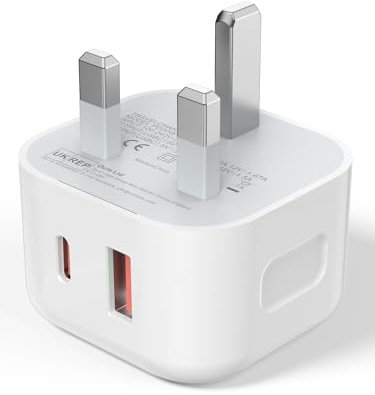 USB C Plug Fast Charge Plug, 20W USB Type C and USB A Wall Charger Power Adapter Plug Fast Charging, Dual Port Mains Charger for iPhone 15/15 Pro/15 Pro Max/14/14 Pro/13/13 Pro/13 Pro Max/12/12 Pro/11