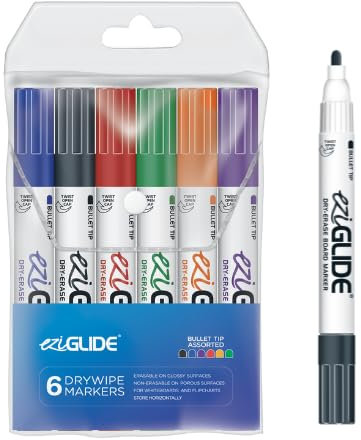 Eziglide 6 Assorted Drywipe White Board Pens, Bullet Tip – Refillable & Erasable Whiteboard Markers for Flipcharts, School & Office, Non-Permanent (Black, Red, Blue, Green, Purple & Orange)