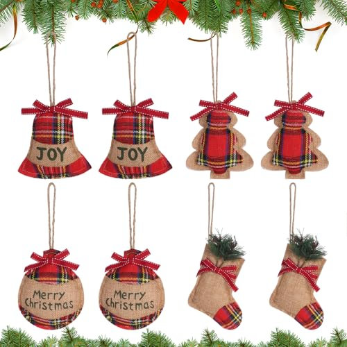 Tartan Christmas Decorations - 8PCS Rustic Burlap Baubles, Red Xmas Tree Ornaments for Christmas Party Supplies