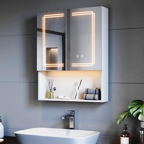 SUNXURY Spiegelschrank 600x750mm mit Beleuchtung, Metall Design Badspiegelschrank mit 3 Farbtemperatur dimmbare, Wandschrank mit Spiegel, höhenverstellbare Ablage, Antibeschlag und Steckdose