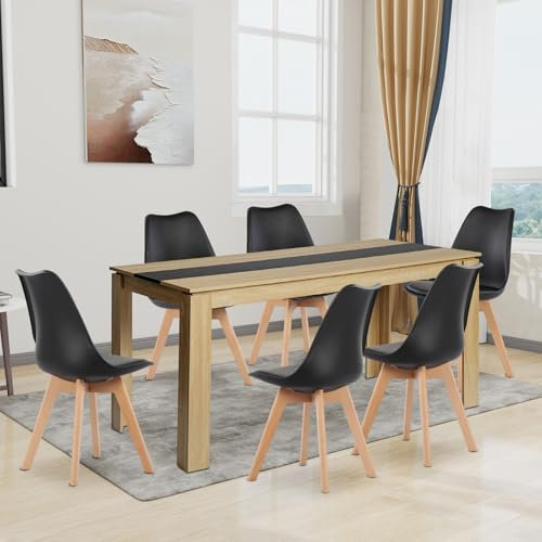 FURNITABLE Esstisch mit 6 Stühlen Esszimmergruppe, 6er Set Esszimmerstühle und 160CM Rechteckig Holztisch Essgruppe für Wohnzimmer Küche Büro (Eiche-Schwarz Tisch+6 Schwarz Stühle)