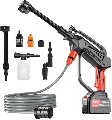 CISSIYOGA Idropulitrice a Batteria Compatibile con Makita 21V, Idropulitrice Elettrica Portatile con 6 in 1 Ugello, Tubo da 5M, Ugello Girevole a 360° per Lavaggio Auto, Pulizia Tappeti e Irrigazione