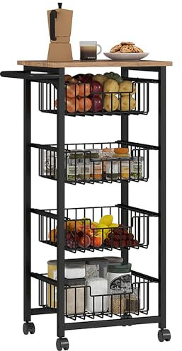 HOMCOM Küchenwagen Servierwagen mit Arbeitsplatte, 4 ausziehbaren Stahlkörben, Rollwagen für Büro, 49,5 x 31 x 91 cm, Eiche