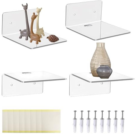 YZROHYI Lot de 4 Petite Etagere Murale sans Percage, Étagère Flottante Transparente, Mini Tablette Murale en Acrylique, Étagère Murale Suspendue, Petites Étagères Décoratives, Mini Etagere Invisible