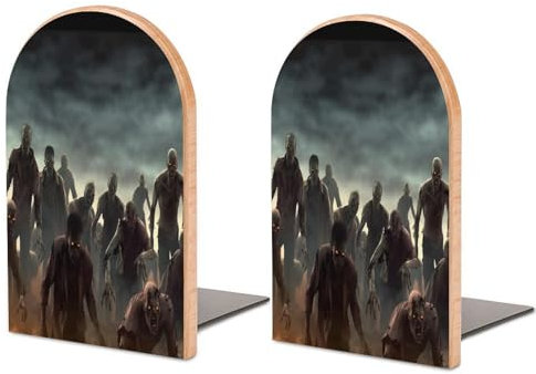 1 paire de serre-livres personnalisés en bois avec base en métal, motif zombie, serre-livres modernes et résistants pour la maison ou le bureau
