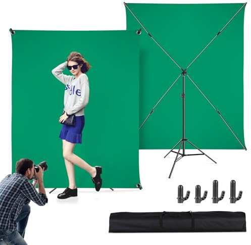 Grüner Bildschirm mit Ständer 1.5 x 2 m, Grüner Bildschirm mit einstellbarem Hintergrund Ständer für Fotografie, Streaming, Gaming, Chroma Key, Foto Studio Video Aufnahme, Portrait Headshot Fotografie