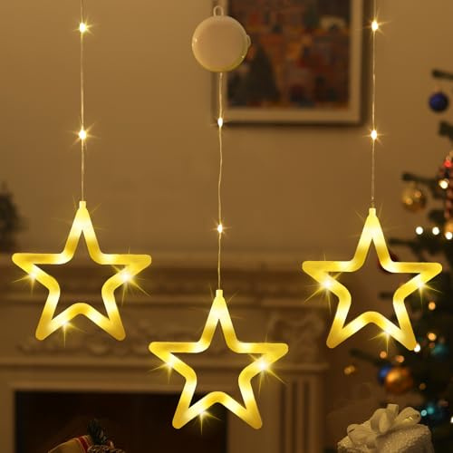 Lewondr LED Sterne Weihnachtsbeleuchtung 3 Stück, Batteriebetrieben Fenster Lichterkette Innen,Weihnachtsdeko Fenster Licht mit Saugnäpfe, Timer für Weihnachten Deko Balkon Party Hochzeit,Warmes Licht