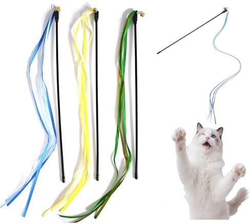 BnbnPup Katzen Zauberstab Spielzeug Set, 3 Stück mit Bunten Beweglichen Bändern (58cm) und Glöckchen, Stab 42cm Katzenangel Stabil für Kitten und Katzen, Bissfest, Katzenspielzeug interaktiv