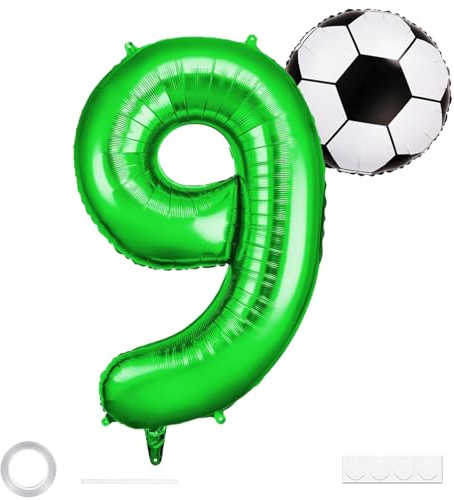 Affivia XXL Fussball Deko Luftballon 9. Geburtstag Junge, Fussball Ballons Geburtstag 9 Jahre Junge, Geburtstagsdeko 9 Jahre mit 40 Zoll Folienballon 9, Fußball Folienballon,9 Luftballon Zahl Grün Set