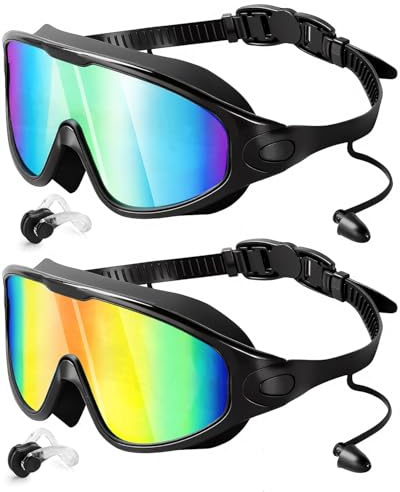 Victoper Wide View Swimming Goggles Adult, 2 Pack Anti-Fog Anti-UV Swim Goggles for Men & Women, Leak-Proof Clear Vision with Ear&Nose Plug for Pool & Open Water