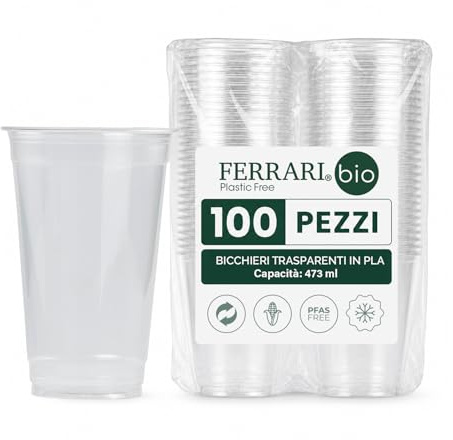Ferrari Bio | Bicchieri Birra Grandi in PLA, 473 Ml, Plastica Usa e Getta, 100 Pezzi, Bicchieri Compostabili per Bar, Ristoranti e Catering