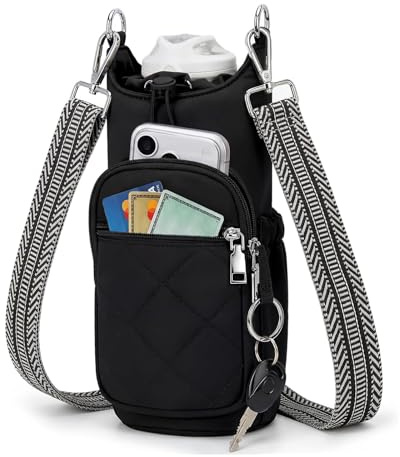 exylosluxek Housse pour Bouteille d'eau Noire, Support Universel adapté aux Bouteilles jusqu'à 40oz, bandoulière croisée réglable avec Poche zippée